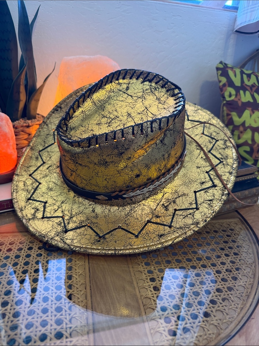 Metallic Gold Distressed Cowboy Hat Western Festival Rockstar Y2K